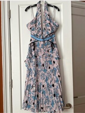 Self-Portrait Pink Floral Halter Midi Dress with Blue Accents